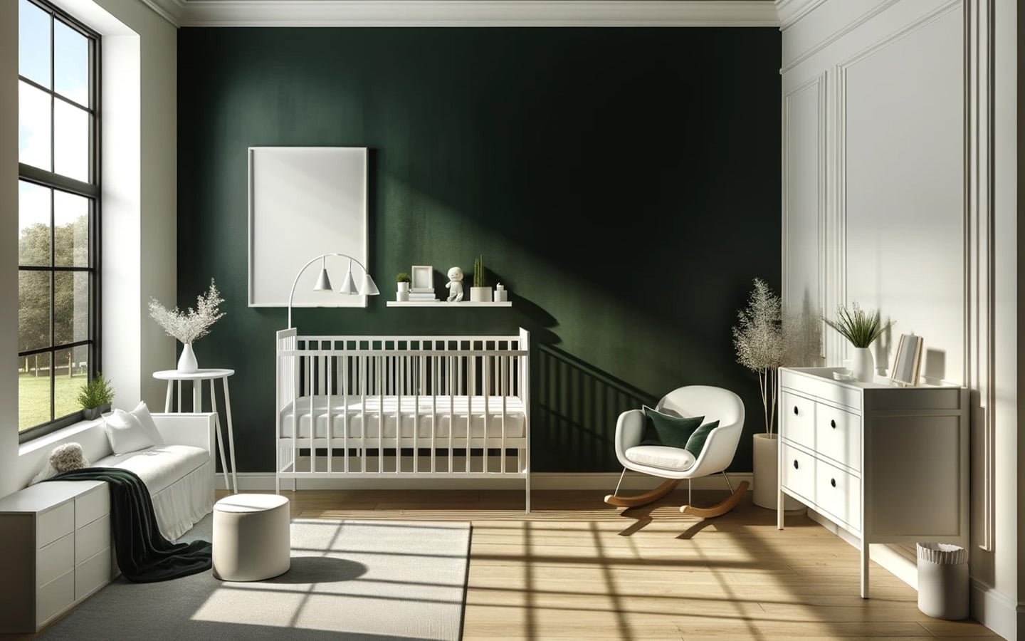 Grote groene babykamer met donkergroene muur