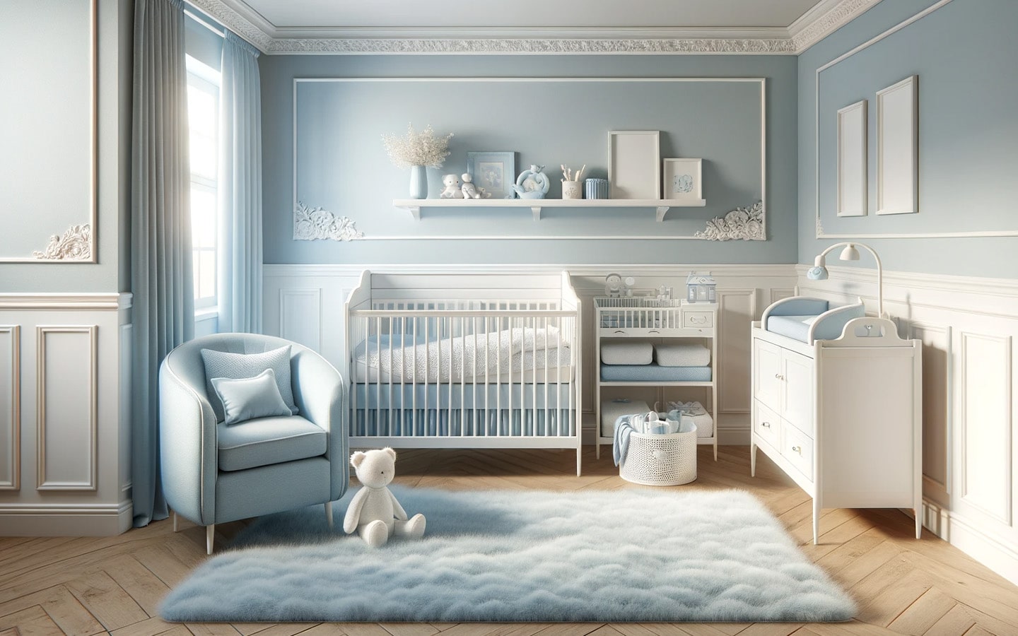 Lichtblauwe babykamer met witte tinten
