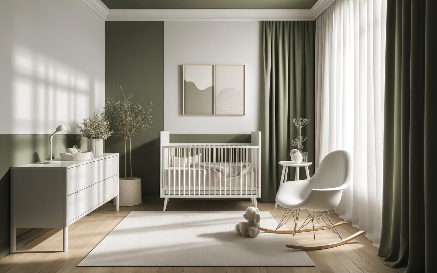 Minimalistische babykamer olijfgroen