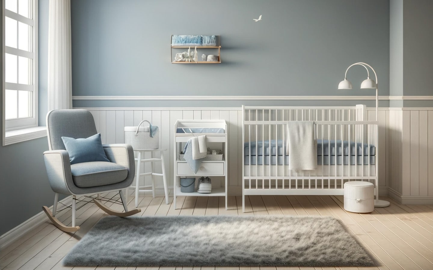 Minimalistische zacht blauwe babykamer