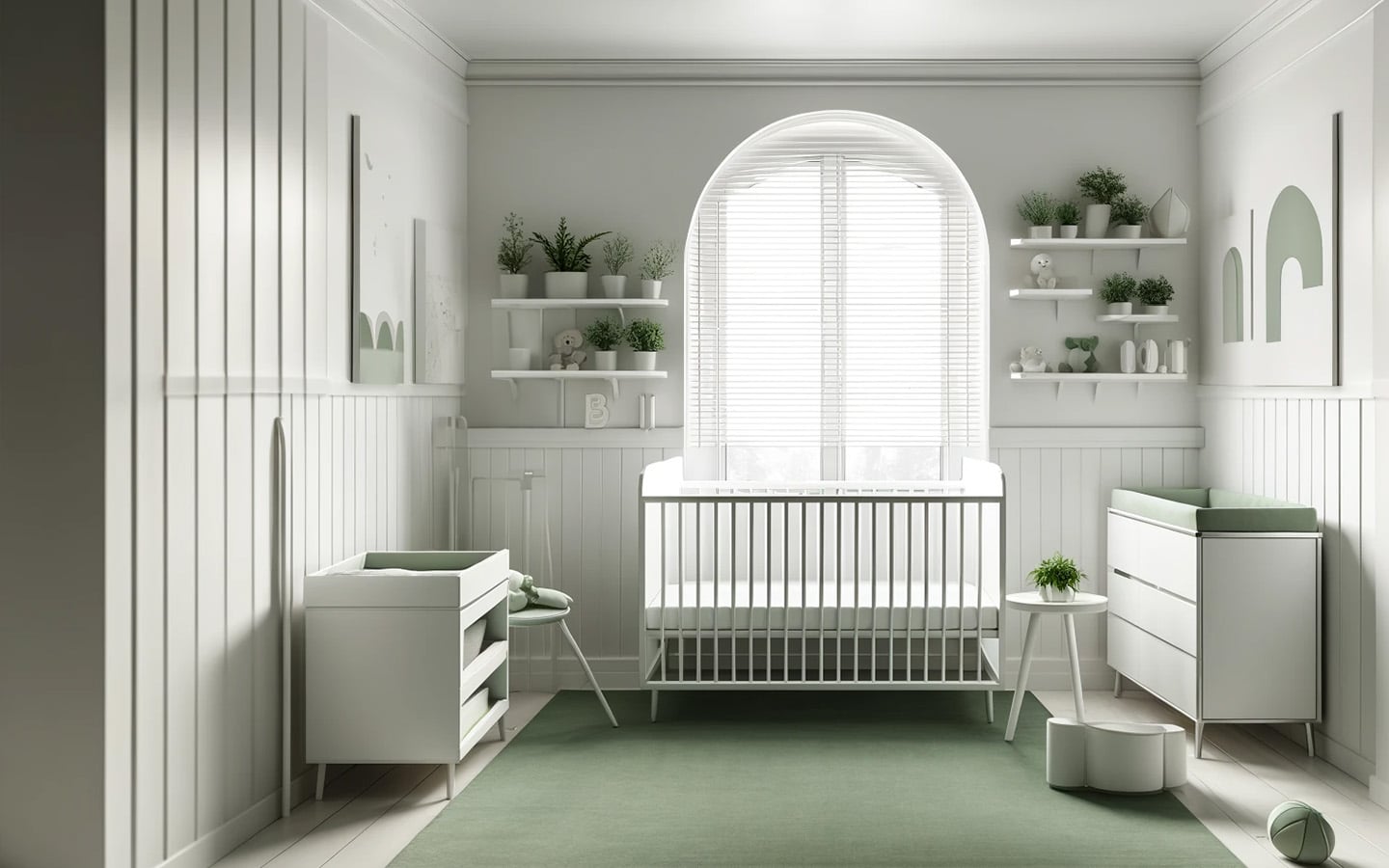 Neutrale babykamer met groene accenten