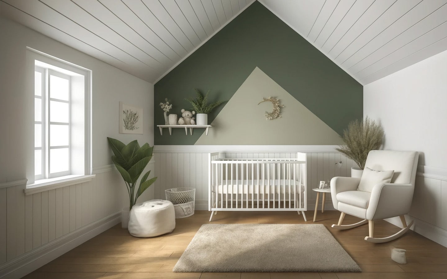 Olijfgroene babykamer met schuin dak