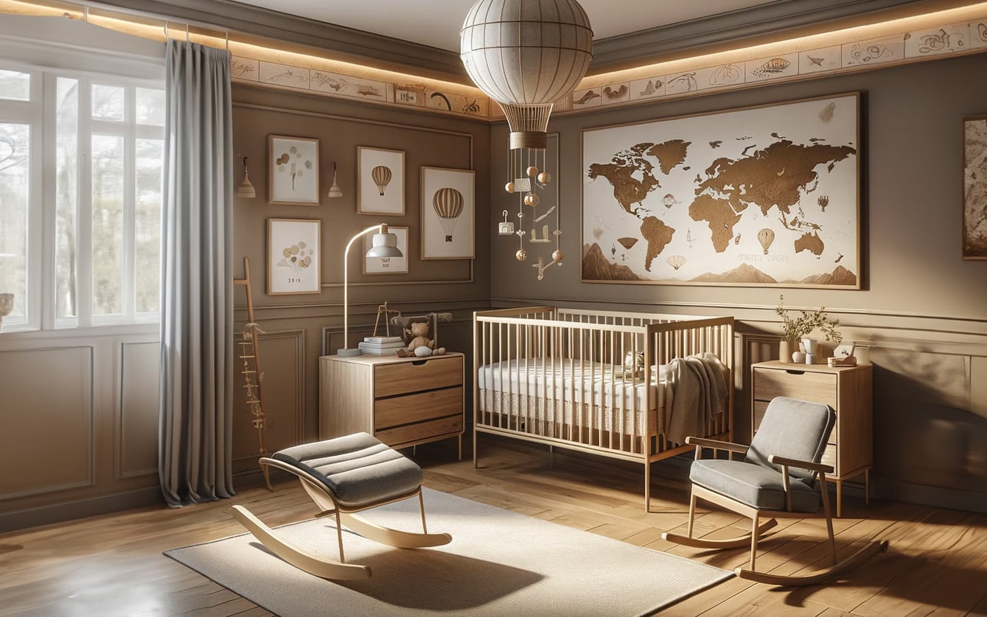 Babykamer aardetinten met avontuurlijk thema