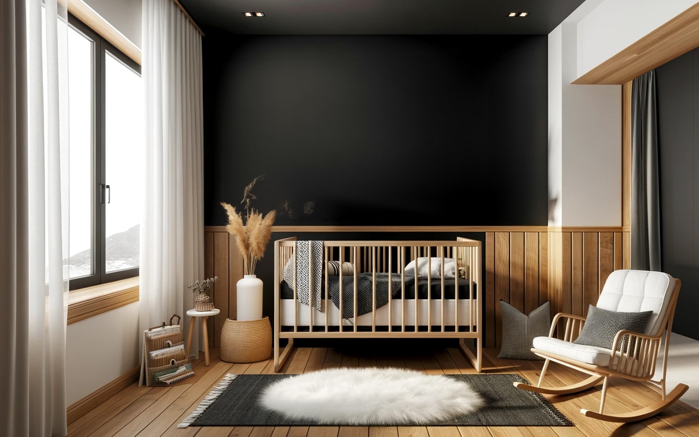 Babykamer zwart met hout