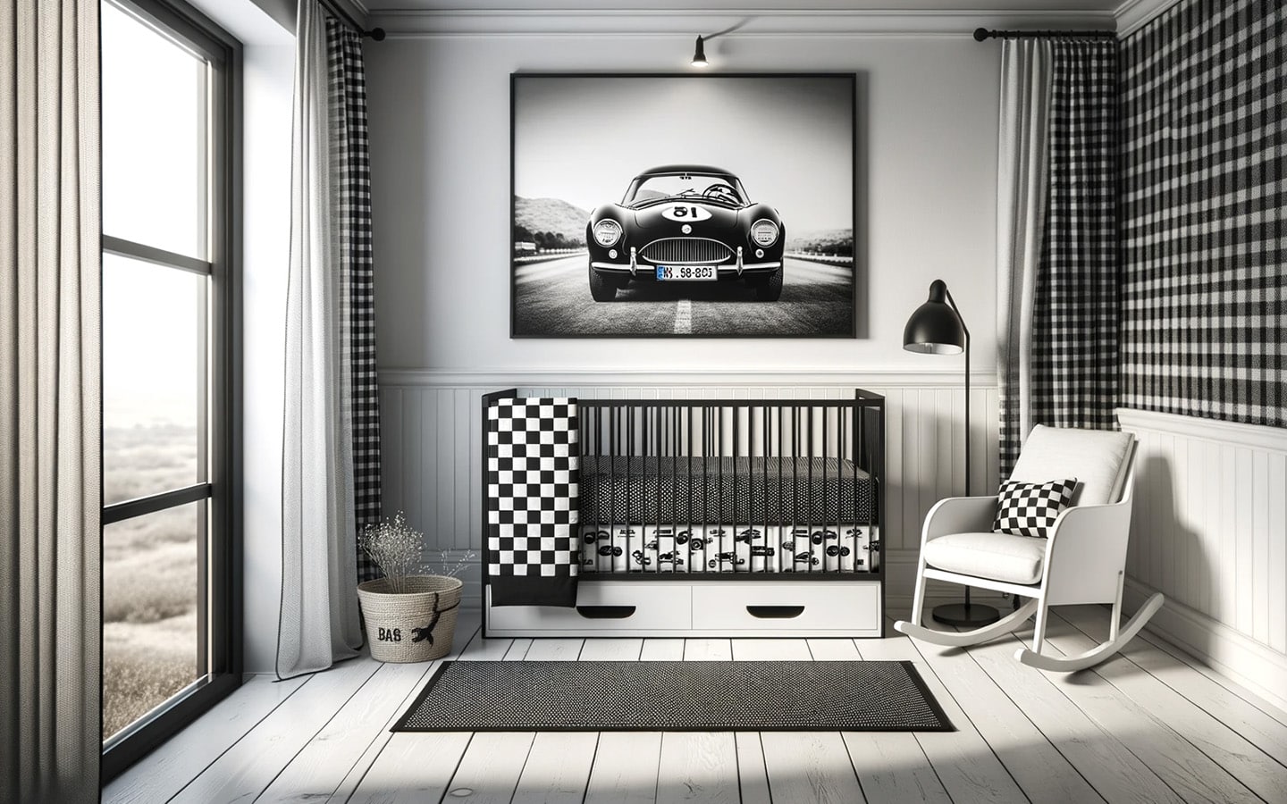 Zwarte babykamer met auto thema
