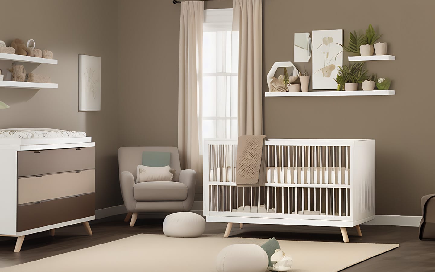 Babykamer met zachte bruine tinten