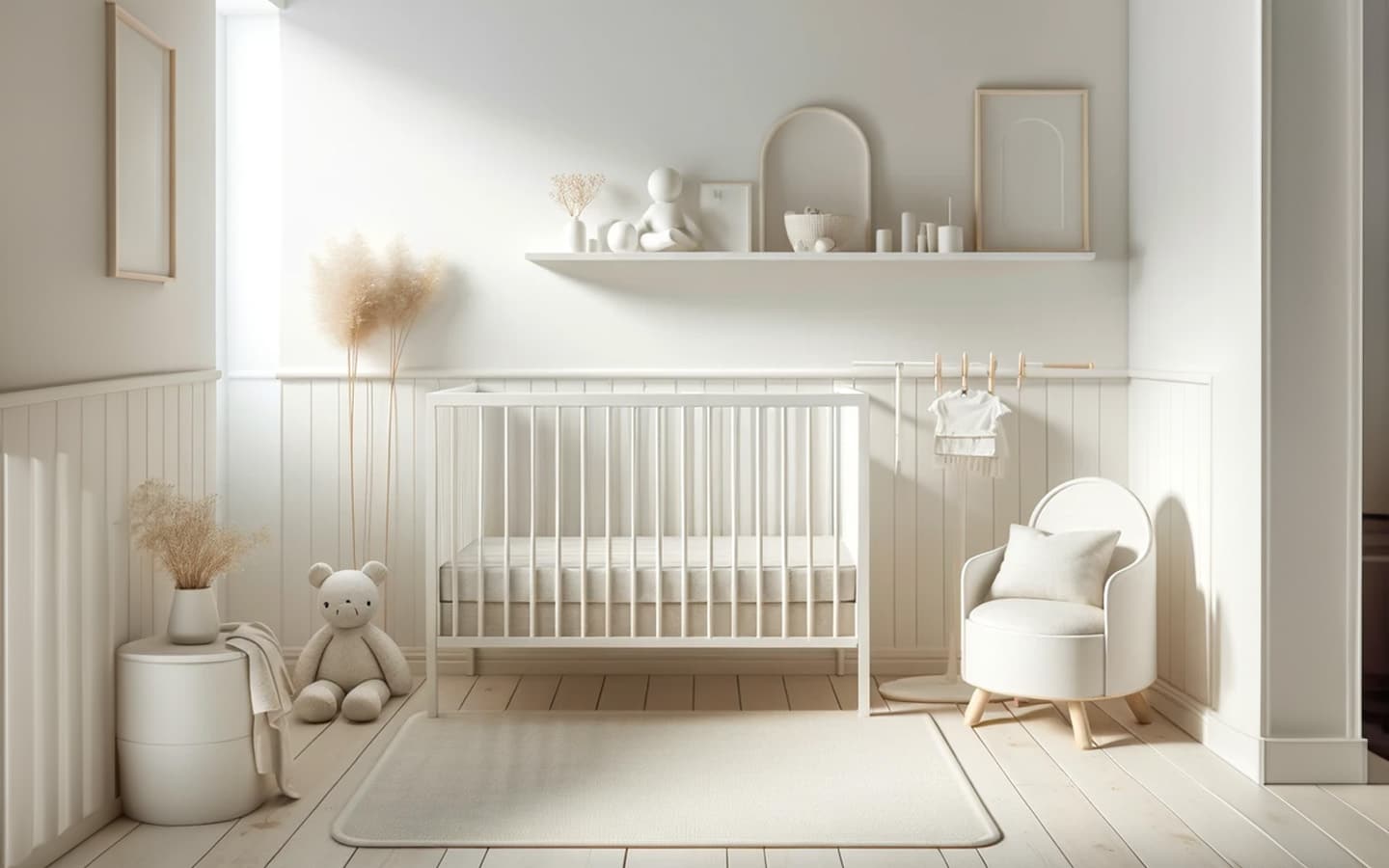 babykamer met neutraal witte kleuren