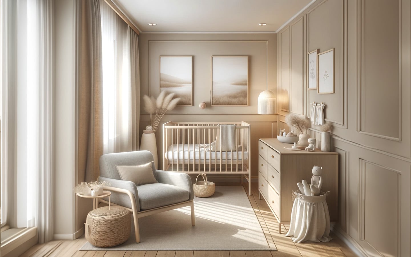 Babykamer met zachte neutrale tinten