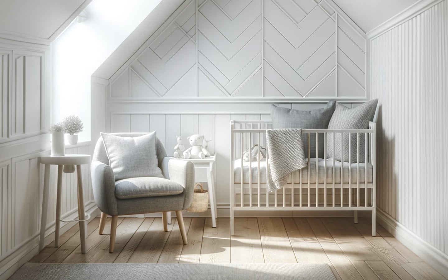 Babykamer wit met schuin dak en grijze tinten