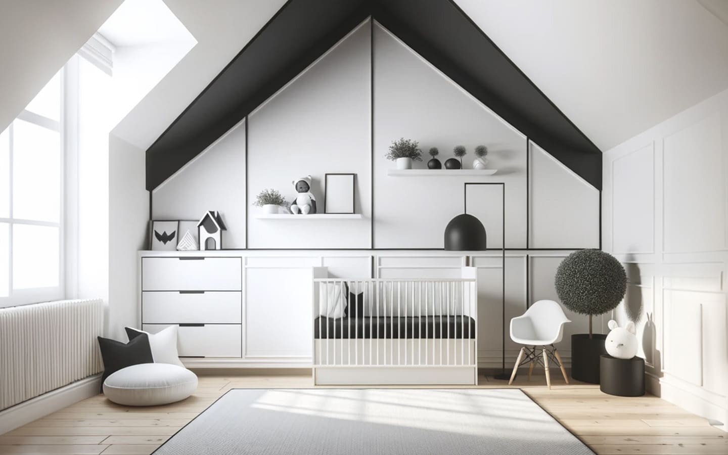 Grote babykamer met zwart witte details