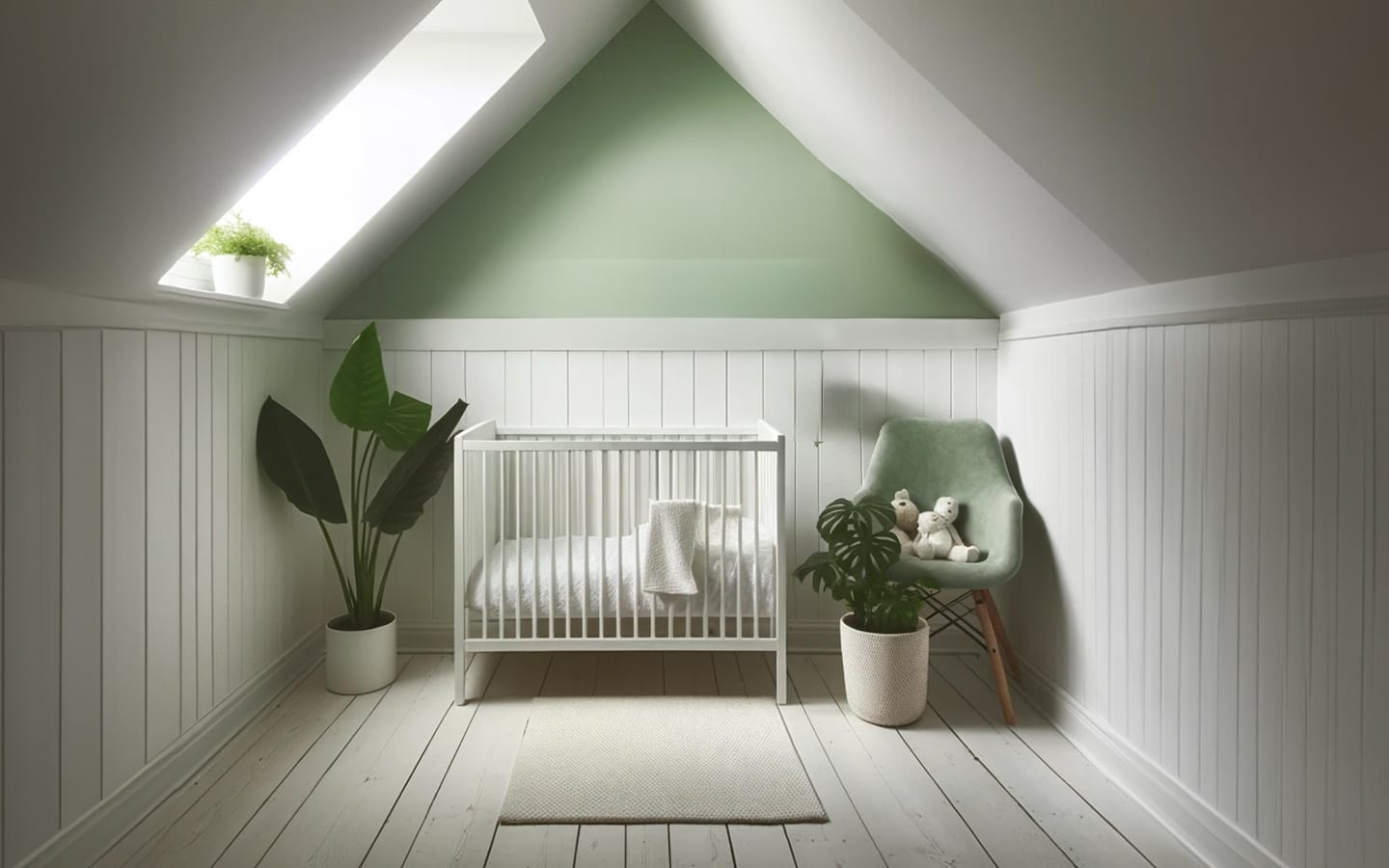 Witte babykamer met groene accentmuur